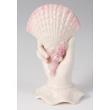 A second period Belleek porcelain 'hand & shell' vase, embellished in pink, circa 1891-1896, h.