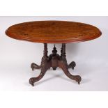 A Victorian figured walnut and inlaid loo table, having a four quarter veneered oval tilt-top,