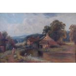 C Clayton - Feeding the ducks at Old Mill, Holmwood Surrey, oil on canvas, signed lower right,