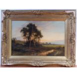 F C Hines - Pair; Rural landscapes at sunset, oil on canvas, one signed lower left,