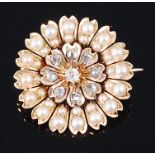 A 22ct gold, diamond and seed pearl set flower head brooch,