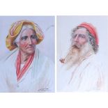 E Fiorentino - Pair; Portraits of a peasant couple, watercolours, each signed lower right, 35 x 24.