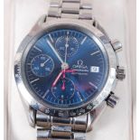 A gents Omega Speedmaster stainless steel automatic bracelet chronometer, having signed blue dial,