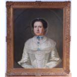 Circa 1800 English school - Half-length portrait of a lady wearing a lace bonnet and ruby set ear