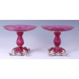 A pair of Russian silver and cranberry glass comports, mid-19th century,