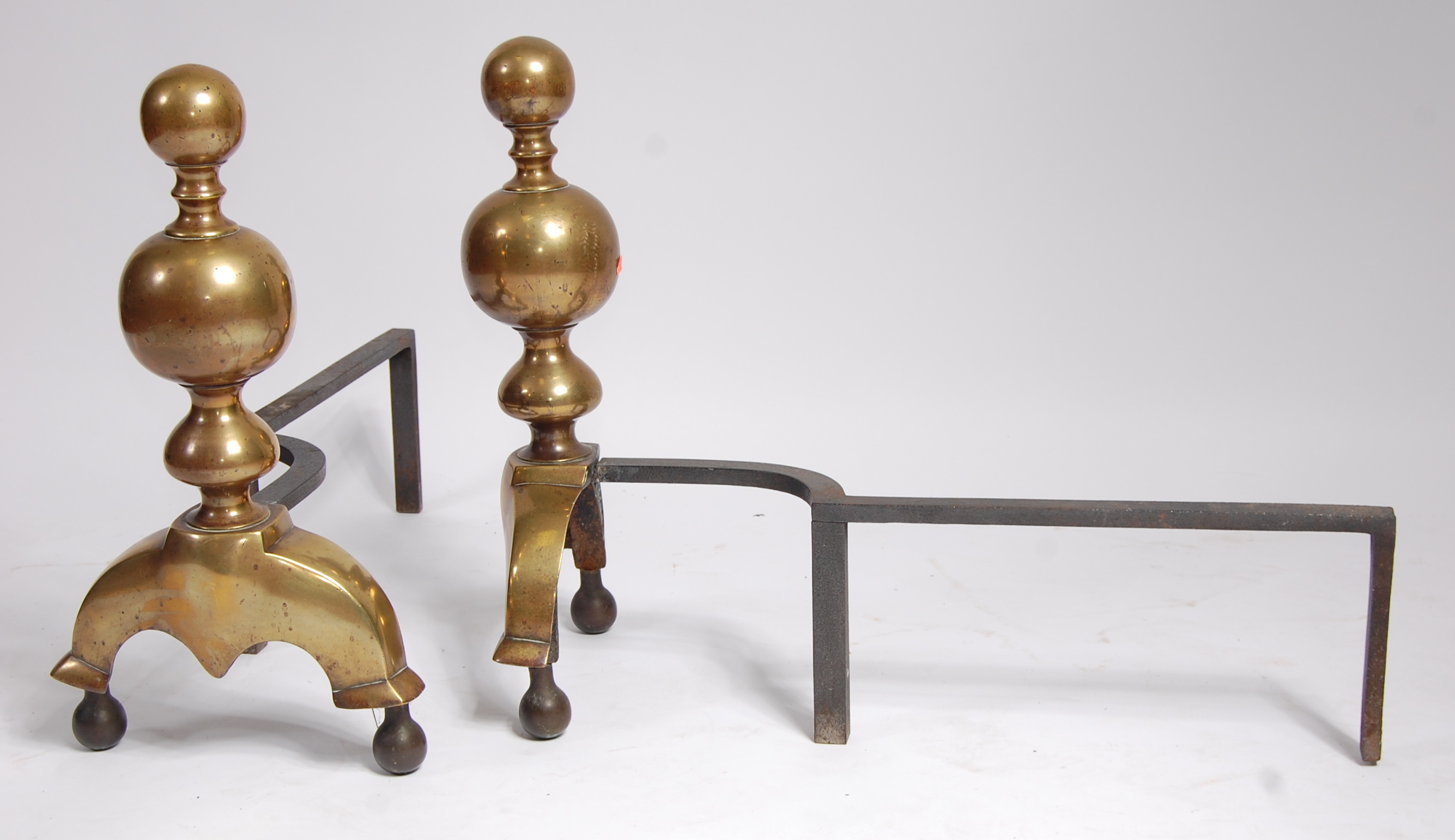 A pair of 19th century brass and iron andirons, of good size, possibly Dutch, - Image 2 of 2