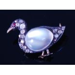 A Victorian 14ct moonstone and diamond set brooch, in the form of a duck,