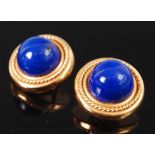 A pair of modern 18ct gold and lapis lazuli set ear clips, 13g, 1.