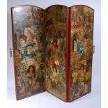 A late Victorian stained pine and decoupage three section double-sided dressing screen,