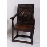 *An antique joined oak Wainscot chair, 17th century and later, having blind carved panelled back,