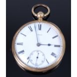 A Victorian 18ct gold cased gents open faced pocket watch, the back cover with engraved armorial,