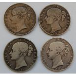 Great Britain, 4 Victoria young head silver crowns; 1844, 2 x 1845 and 1846 (4)