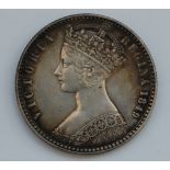 Great Britain, 1849 florin, Queen Victoria godless type, rev. crowned cruciform shields around