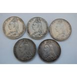 Great Britain, 5 Victorian jubilee head silver crowns; 1887, 1888, 2 x 1889 and 1892 (5)