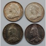 Great Britain, 4 Victorian half crowns; 1887 jubilee head, 1891 jubilee head, 1893 veil head, and