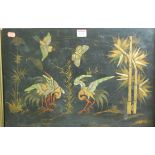 A chinoiserie japan lacquered panel depicting cranes, other birds and insects, 34.