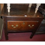 An antique joined oak single drawer low side table,