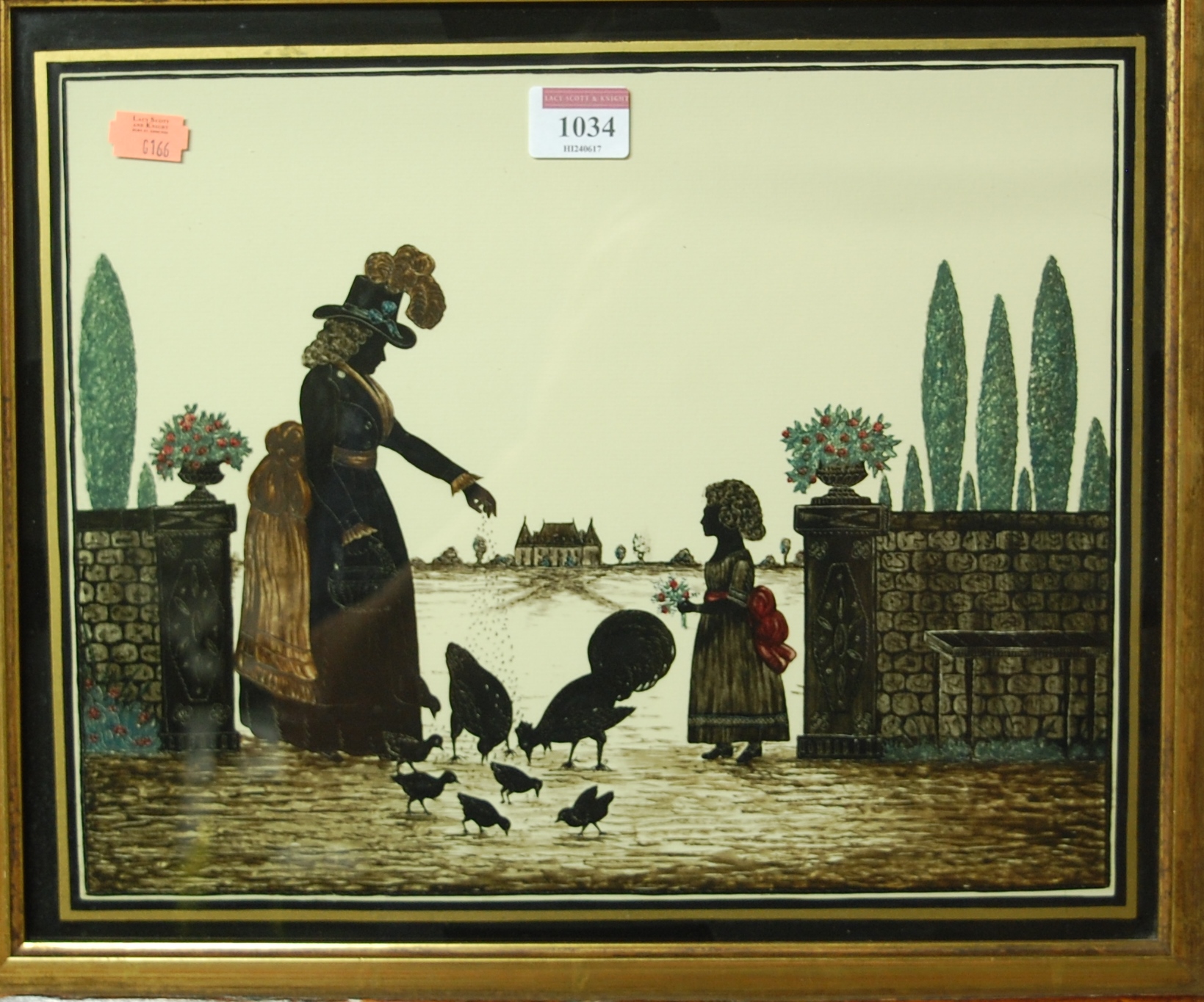 A Victorian style silhouette painting - Feeding the Chickens, 26 x 33cm,