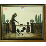 A Victorian style silhouette painting - Feeding the Chickens, 26 x 33cm,