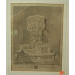 Four various 19th century engravings to include; The Font in Walsingham Church,