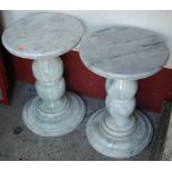 A pair of polished variegated white marble pedestal circular low plant stands, h.