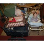 Three various childs dolls prams including sundry contents etc