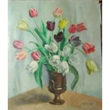Gillroy - still life with tulips in a pedestal urn, oil on canvas, signed lower right (relined),