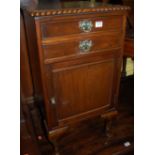 A circa 1900 mahogany single door bedside cupboard having twin upper drawers and gadrooned edge,