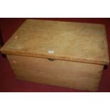 A 19th century pine hinged top tool chest, having brass end carry handles, w.