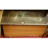 A pine blanket chest, having polychrome decorated hinged top (distressed),