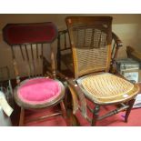 A beech wood and rush seat corner chair; a split cane nursing chair; a folding chair;