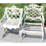 A Victorian style white painted cast metal garden elbow chair,