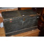 A 19th century stained pine hinge-top tool chest, with iron end carry handles, w.