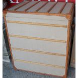 A contemporary canvas, wood, and tan leather bound rectangular travelling trunk, of good size,