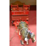 A Melbaware china shire horse with painted wooden dray cart