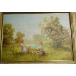 Peter Motz - young ladies enjoying a picnic on the riverbank, oil on canvas, signed lower right,