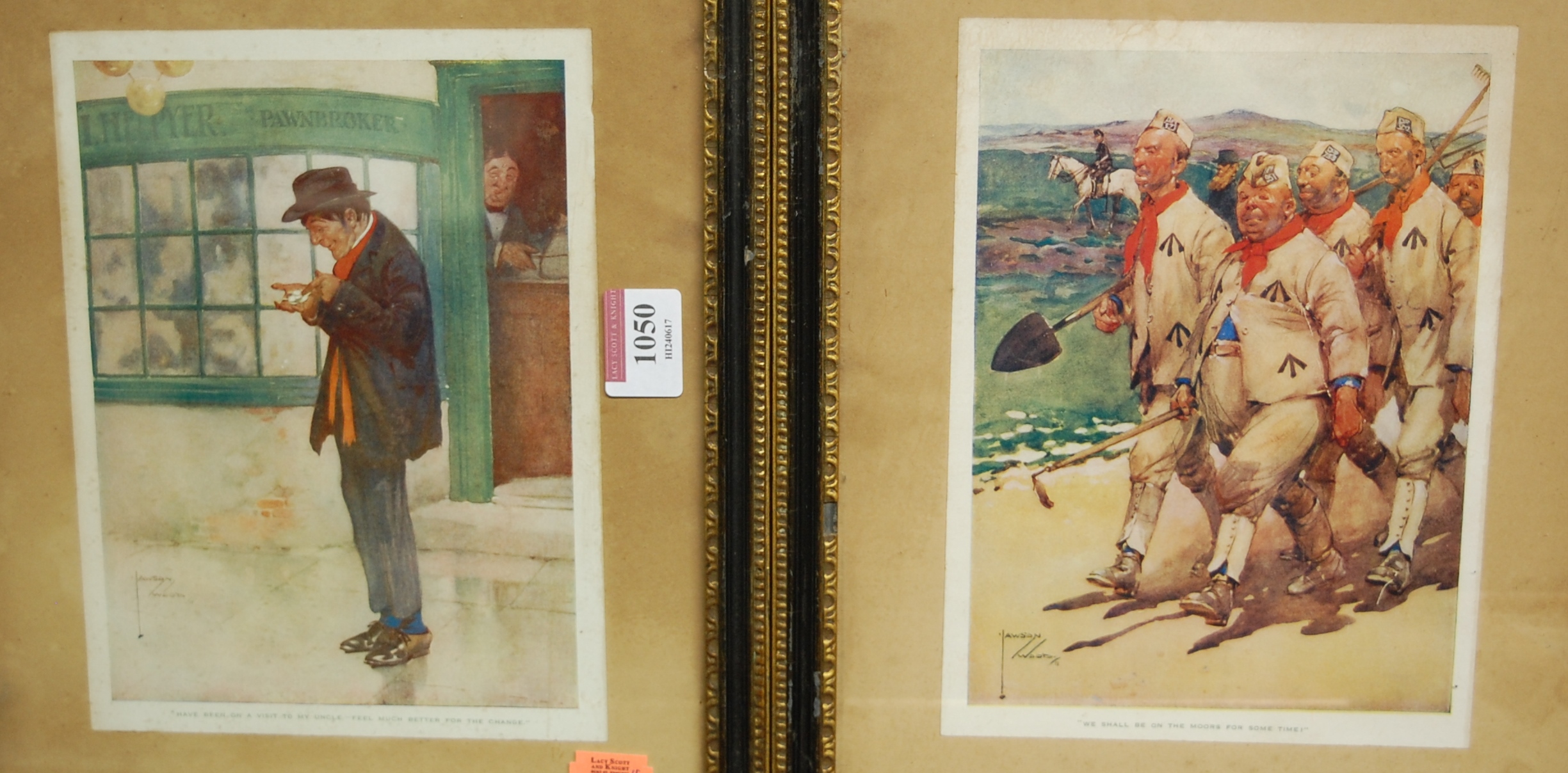 Four early 20th century Lawson Wood cartoons, each in Hogarth frames,