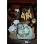 A box of miscellaneous items to include; china tea service, loose flatware,