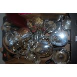 A box of miscellaneous silver and plated wares to include; cased silver plated fish cutlery,