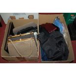 A box of assorted ladies silk and other evening gloves; together with beaded purses,