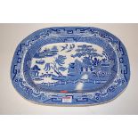 A Victorian Staffordshire blue & white transfer decorated meat dish (a/f)