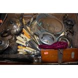 A box of miscellaneous items to include silver plated teapot with matching coffee pot,
