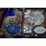 Two boxes of miscellaneous items to include; 19th century Crown Derby meat plate,