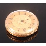 A continental yellow metal and engraved open faced pocket watch (a/f) having engraved dial and