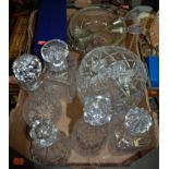 A box of miscellaneous glassware to include; pair of cut glass decanters and stoppers,