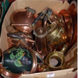 A box of miscellaneous metalware to include; brass spirit kettle,