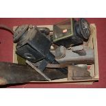 A box of miscellaneous items to include Victorian coaching lamps, hand tools,