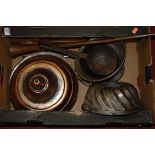 A box of miscellaneous metalware to include; copper hunting horn, ladles,