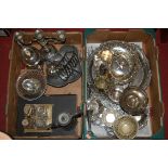Two boxes of miscellaneous metalwares to include Victorian silver plated three sconce candelabra,