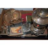 A box of miscellaneous items to include Victorian silver plated tray, copper crumb scoop,